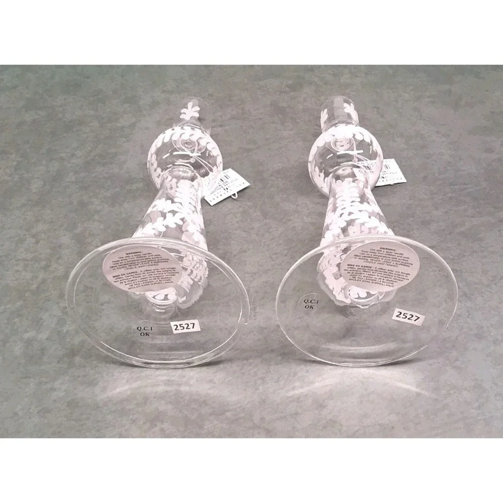 Pottery Barn Set of (2) Etched Glass Taper Candle Holders 8-1/4 Inches Tall- NWT